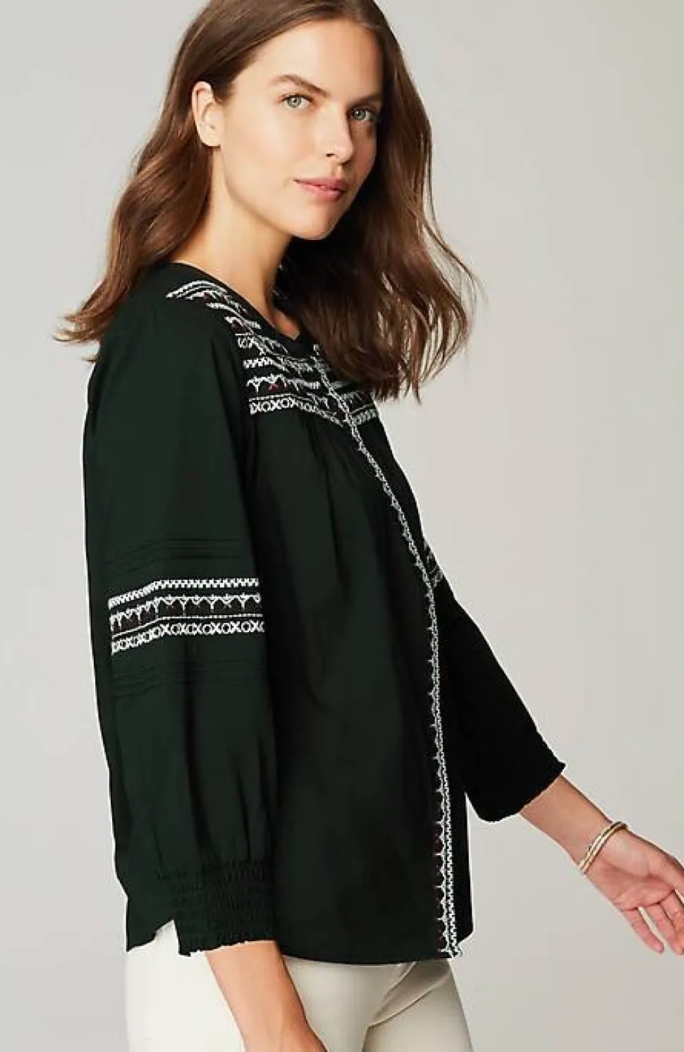 Embroidered Smocked-Sleeve Top | Jjill