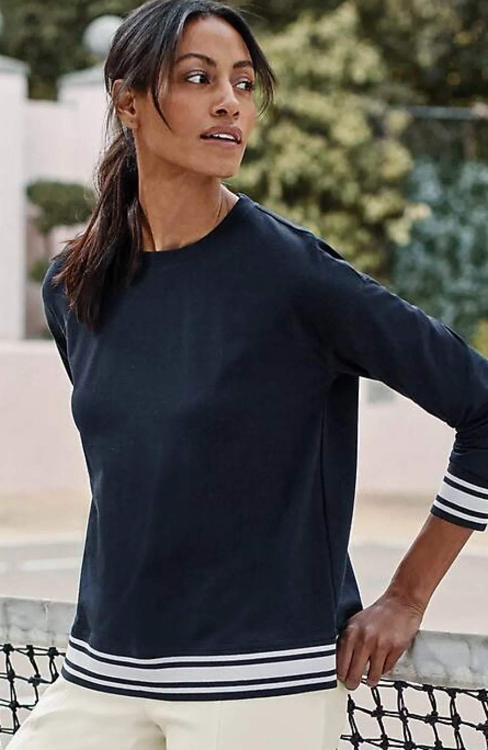 Fit Elevate Terry Striped-Hem Pullover | Jjill