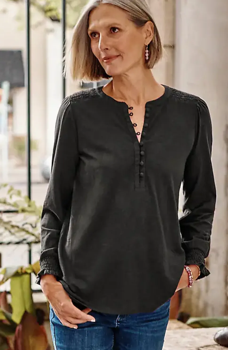 Smocked Henley Top | Jjill