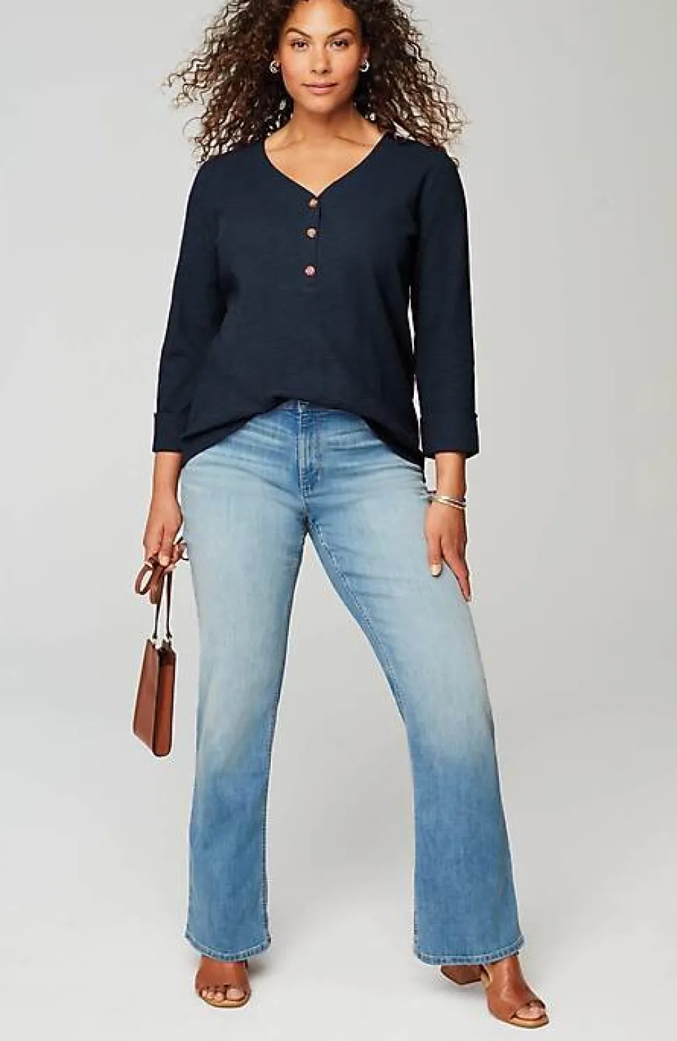 Textured-Cotton Rolled-Cuff Henley Top | Jjill